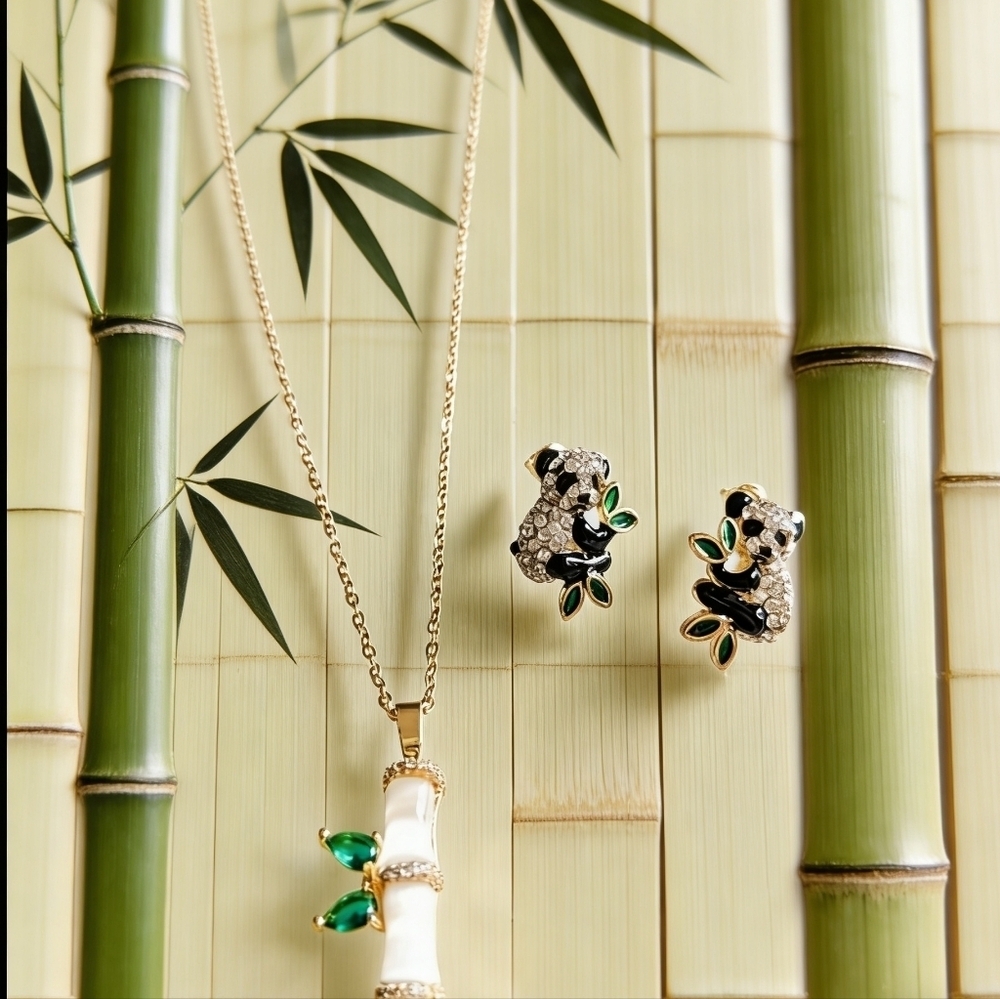 Luxury Panda & Bamboo Jewelry Set Cat's Eye Stone Necklace & Earrings